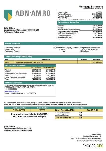 Pays , Bas Relevé hypothécaire ABN Amro Modèle Word et PDF